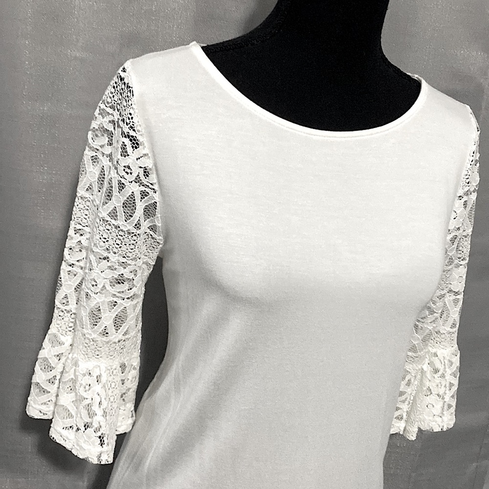 White Boatneck Top With 3/4 Lace Crochet Cutout Bell Sleeves